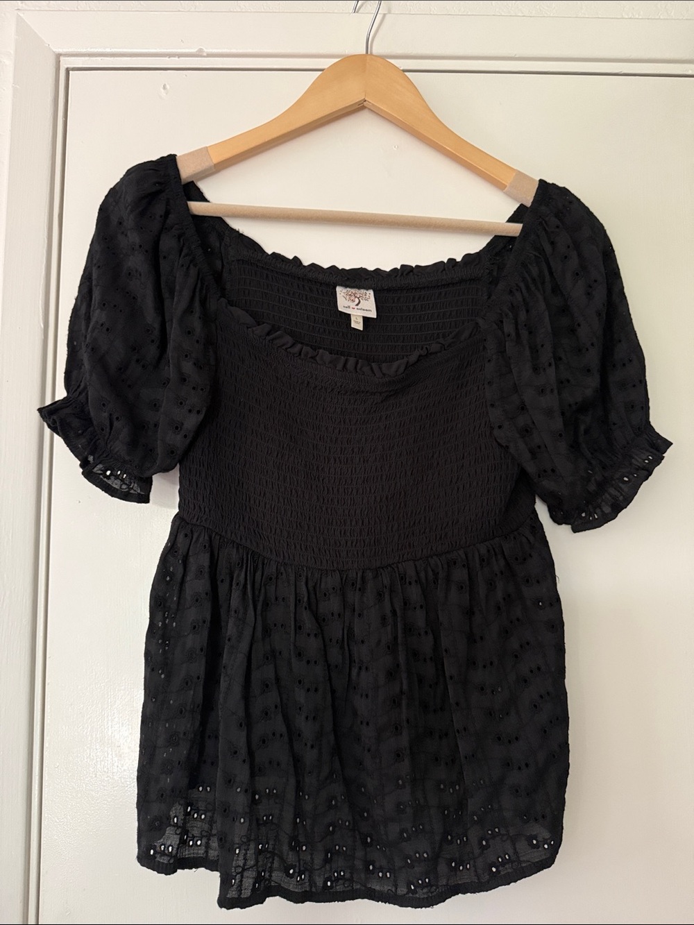 Self Esteem Black Smocked Eyelet Peasant Tunic